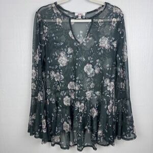 Bongo Floral Mesh Bell‎ Boho Sleeve V Neck Peplum Women Top Size XL
